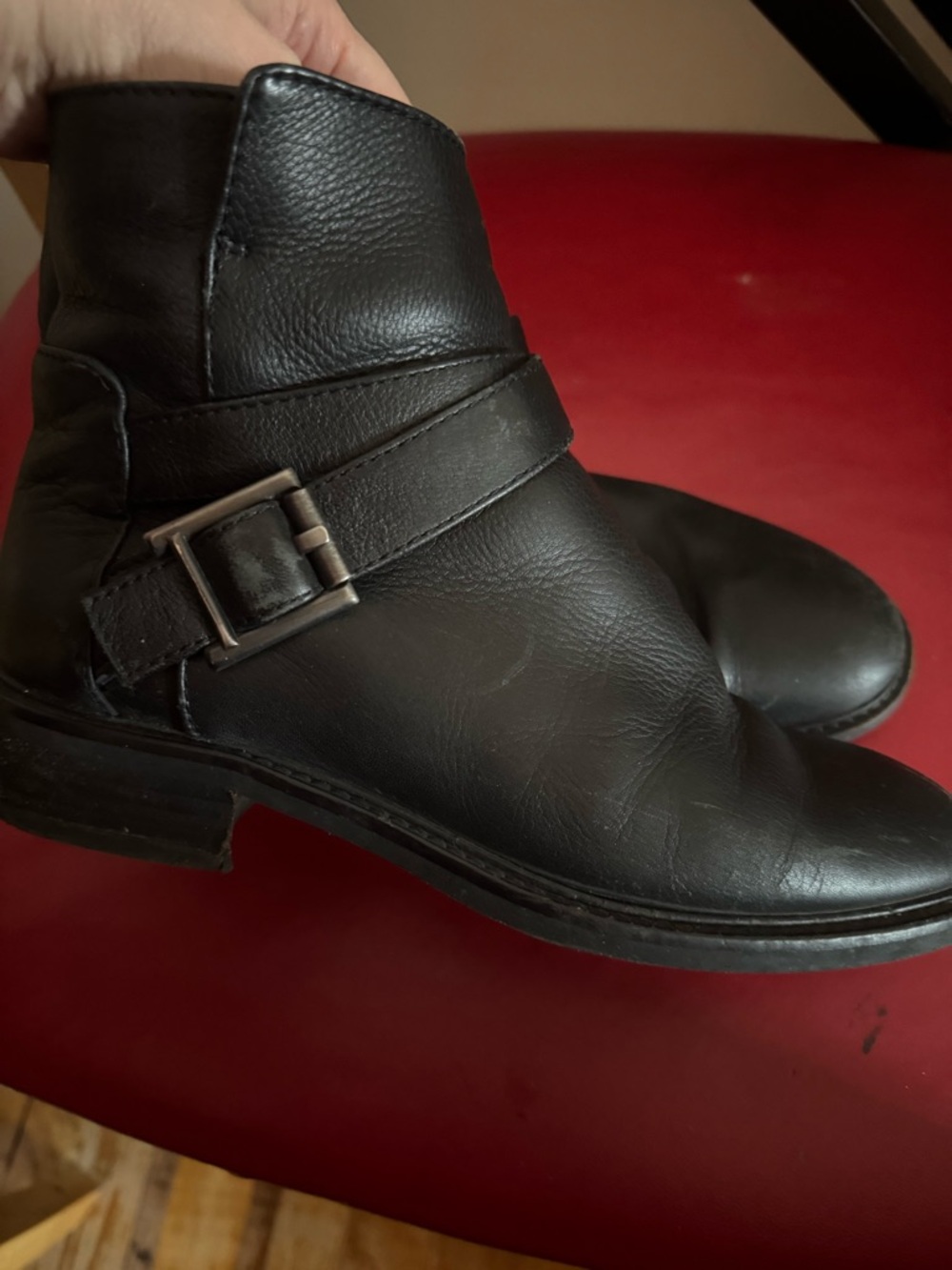 Aquatalia Black Leather Ankle Boots with Buckle Strap